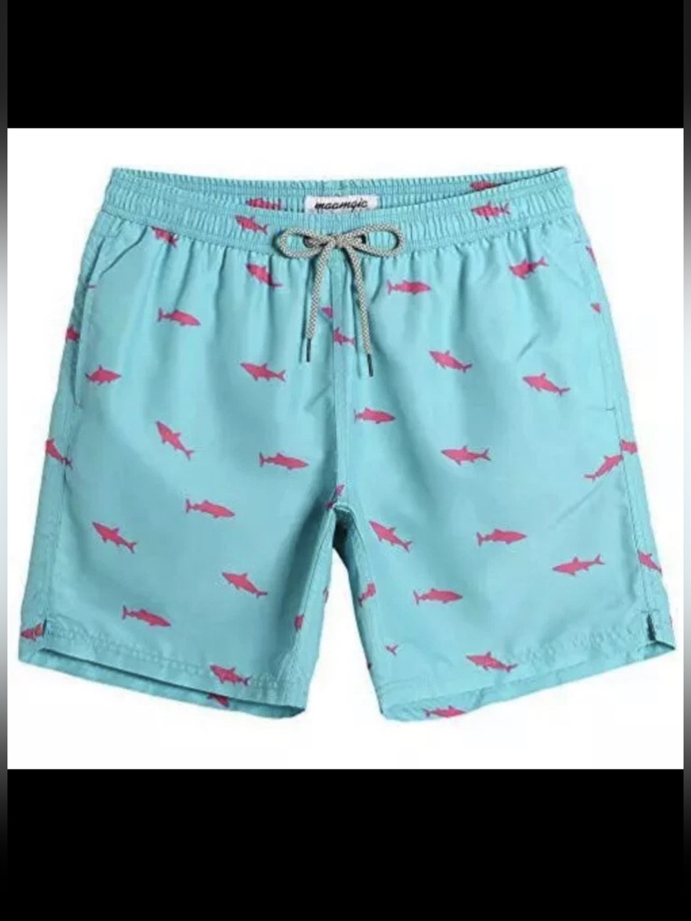 Maamgic Men's Lined 5.5 inch inseam Swim Trunks - Teal and Pink Shark Graphic S